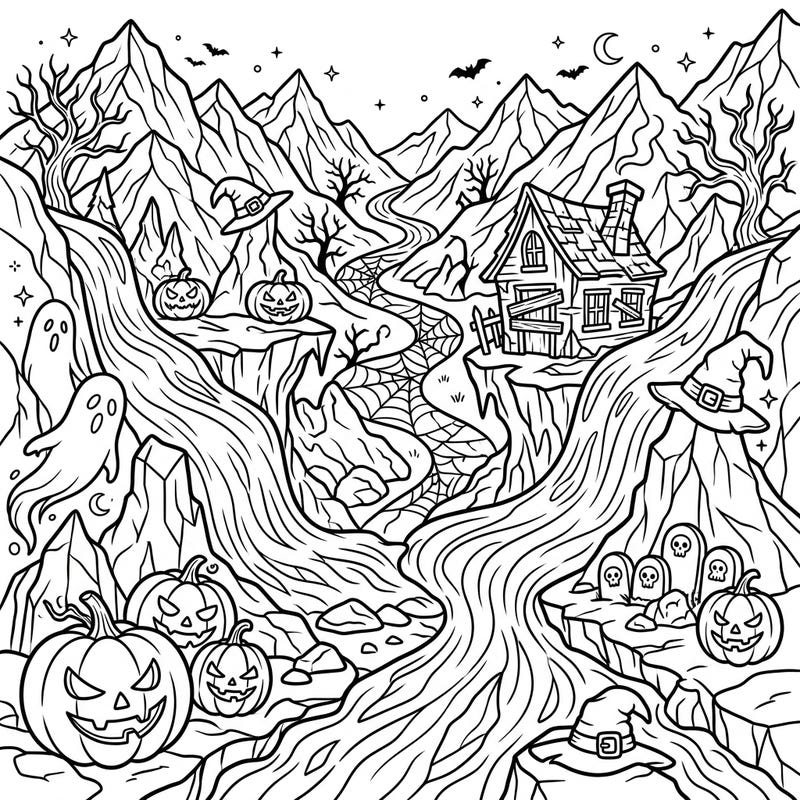 Embark on a chilling artistic adventure with our unique Halloween Valley Glaciers coloring page, blending majestic icy landscapes with spooky festive fun. Discover a world where carved pumpkins, friendly ghosts, and haunted houses await your creative touch in a dramatic mountain setting.