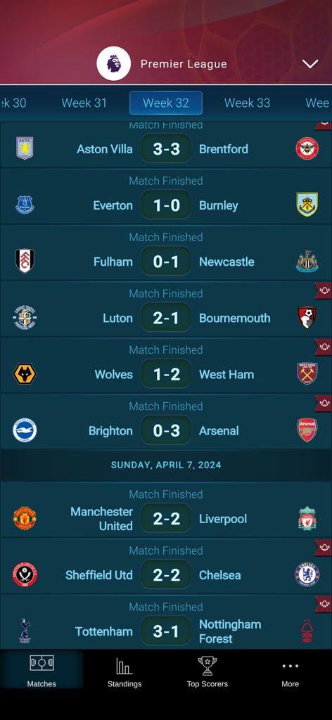 360 Live Scores - Application 360 Live Scores affichant les résultats de matchs terminés pour la 32e journée de Premier League
