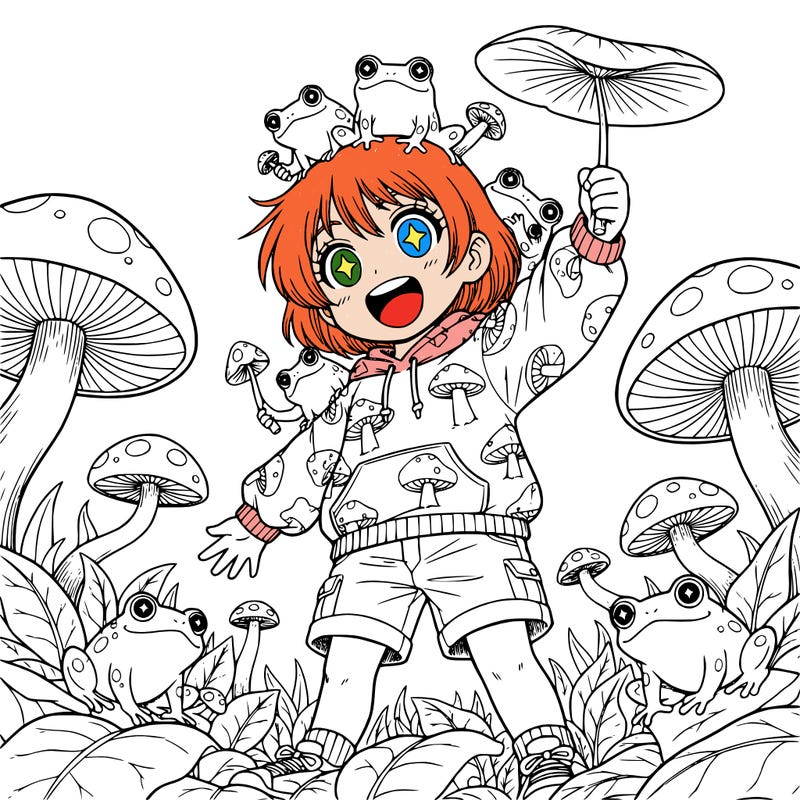 a girl with short hair and mushrooms and frogs lea