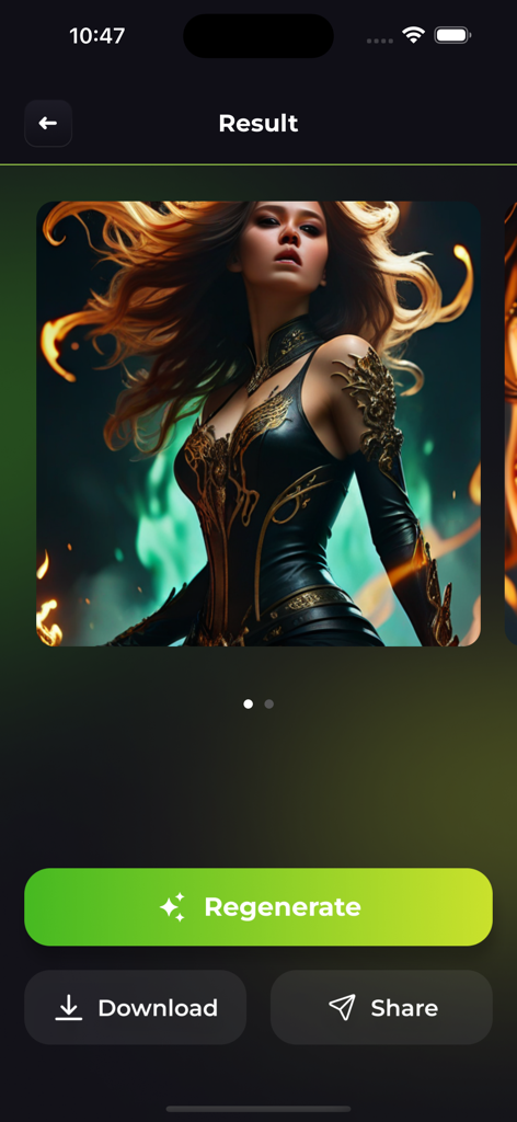 AI 사진 생성기 앱 인터페이스, 금색 갑옷을 입은 여성의 고품질 디지털 아트 작품 표시, 다시 생성, 다운로드 또는 공유 옵션 포함