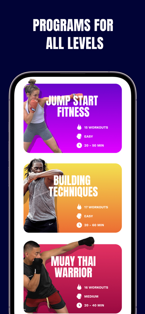 PunchLab: Boxing Workout - Screenshot of the PunchLab app showing various boxing and Muay Thai training programs for different fitness levels.