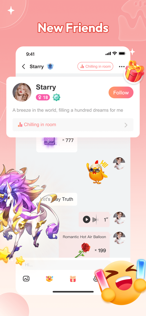 Eine mobile Oberfläche der Whis-App, die ein Benutzerprofil namens Starry mit einem Follow-Button und einem Chat-Bildschirm mit Stickern und virtuellen Geschenken zeigt.