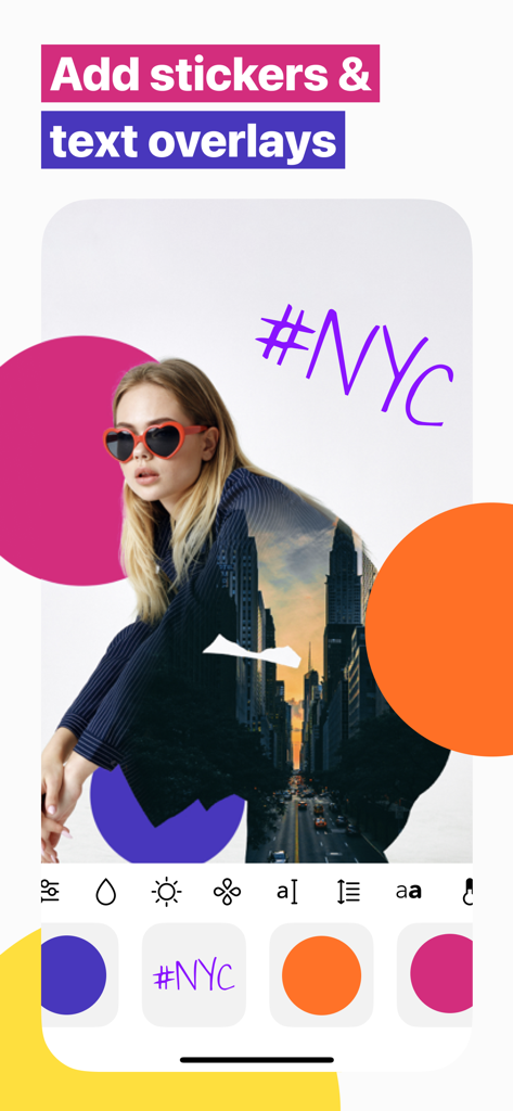 Fuzion app interface showing a double exposure portrait with colorful stickers and a handwritten NYC text overlay