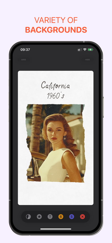 Vostok — Story Maker - Smartphone screen showing a vintage photo template in the Vostok Story Maker app with variety of backgrounds text.