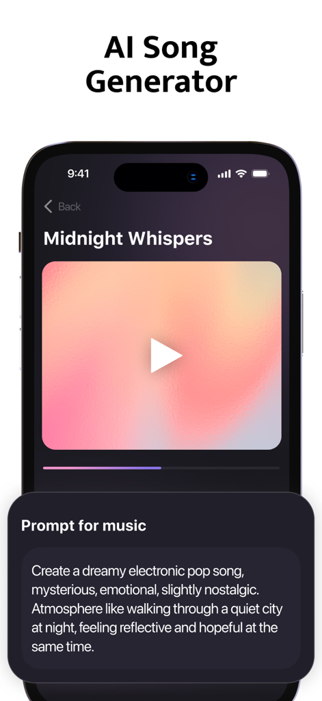 Eleven Labs: AI Music & Songs - Screenshot of Eleven Labs AI Music app showing a custom music prompt for a dreamy pop song.
