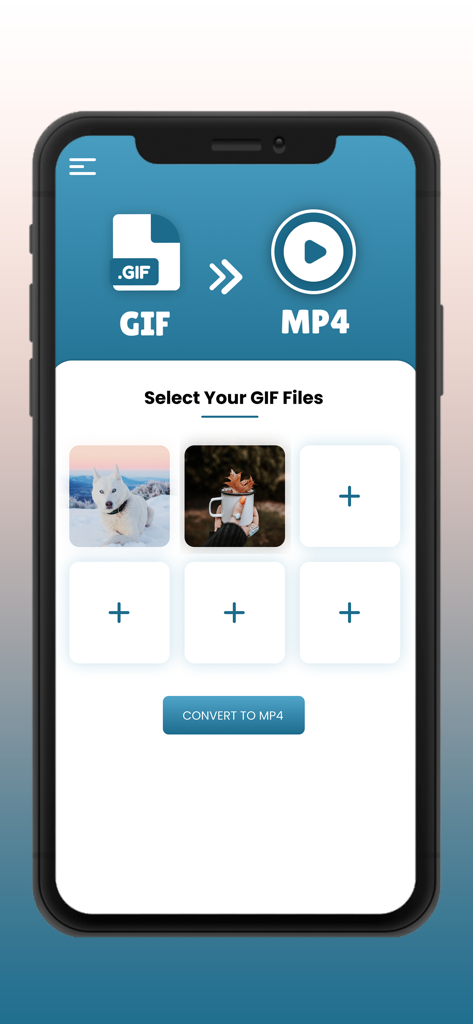 Interface de um aplicativo móvel exibindo uma grade de arquivos GIF para serem convertidos em vídeo MP4