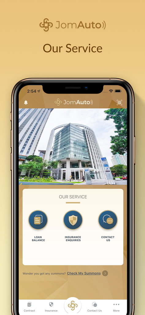 JomAuto - Panel de la aplicación móvil JomAuto que muestra servicios para el saldo del préstamo del automóvil, consultas de seguros y verificación de multas de tráfico.