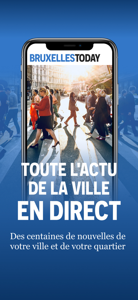 BruxellesToday - Screenshot dell'app BruxellesToday che mostra notizie live sulla città e aggiornamenti di quartiere su uno smartphone