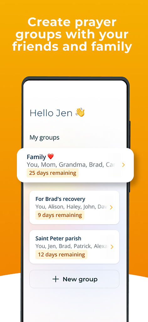 Rosario - Pray the Rosary - Interfaccia dell'app Rosario che visualizza diversi gruppi di preghiera comunitari per famiglia e amici