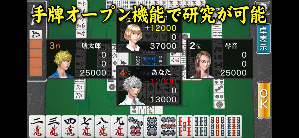 Écran de jeu de 3D Mahjong Tensei montrant des portraits de personnages d'anime et les scores des joueurs