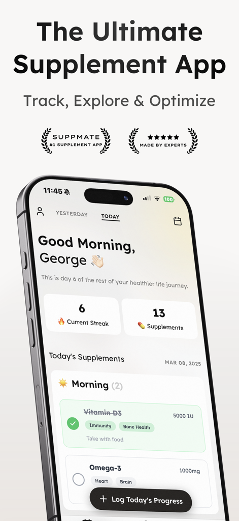 Tableau de bord de l'application mobile SuppMate montrant une liste de suivi quotidien des suppléments et des séries de santé sur un écran d'iPhone.