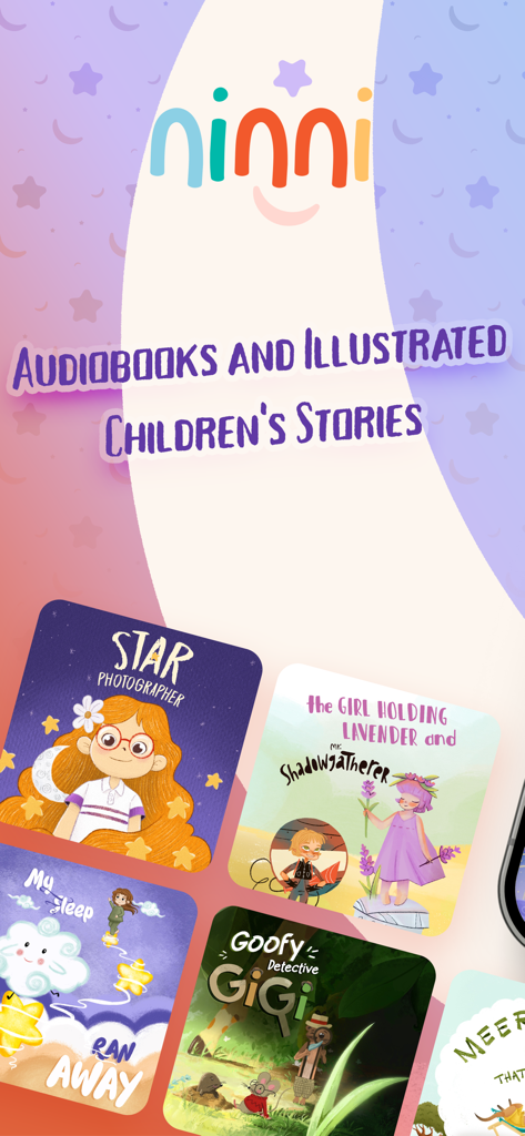 Kids Sleep Story Audio Book - Interfaz de la aplicación Ninni mostrando varias portadas coloridas de cuentos infantiles ilustrados