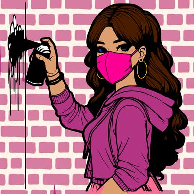 realistic girl with mask spray painting a wall