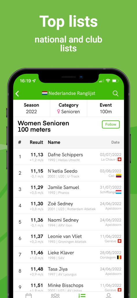 Mobile app screen showing national track and field rankings for womens 100 meters