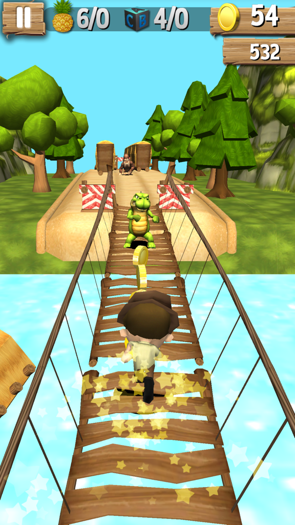 Personagem explorador correndo em uma ponte de madeira no Adventure Run 3D