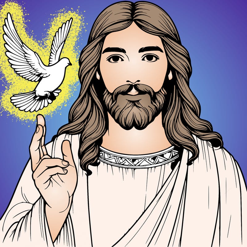 realistic jesus with a beautiful dove flying above him