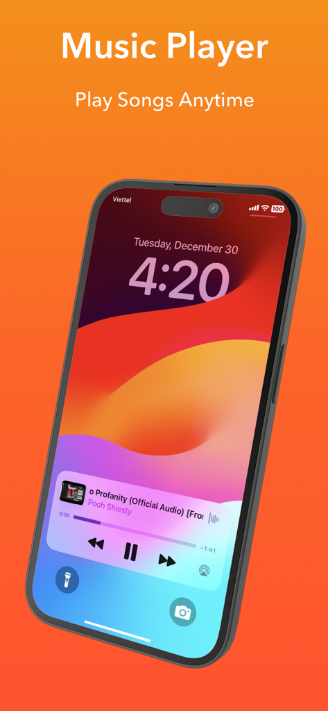 Musi X: Stream Music Player AI - iPhone lock screen showing the Musi X music player widget with playback controls and song information.