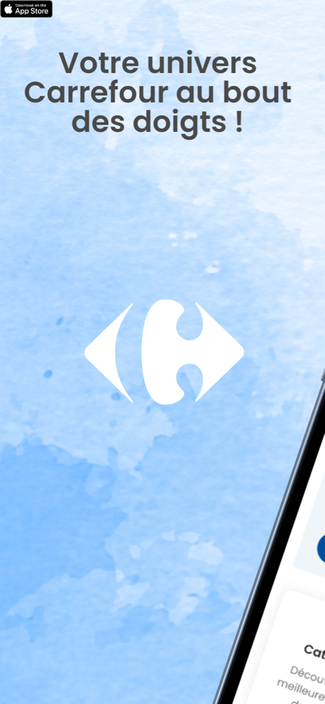 Écran d'accueil de l'application Carrefour Maroc avec le logo de la marque et le slogan en français