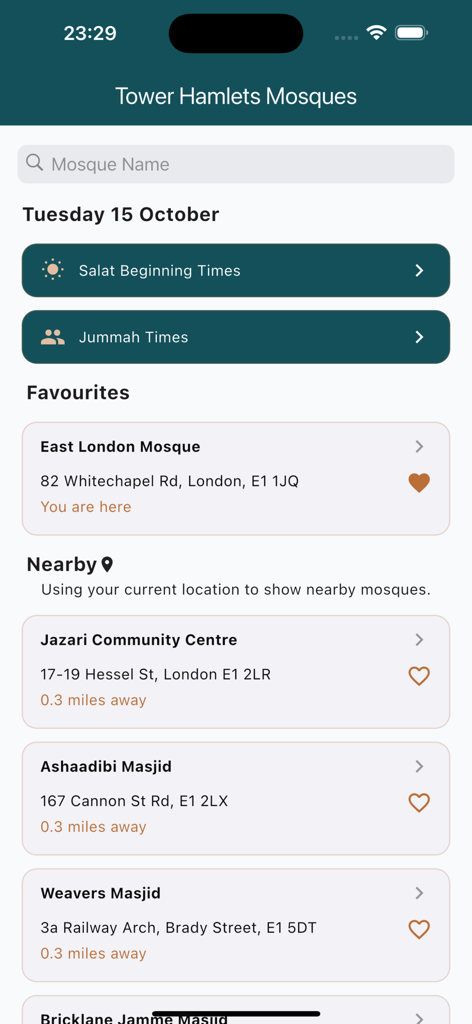Tower Hamlets Mosques - The home screen of the Tower Hamlets Mosques app showing prayer times search bar and a list of nearby mosques