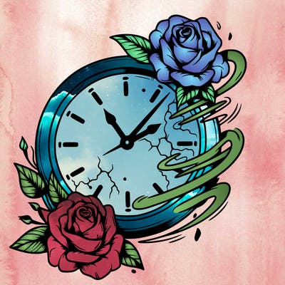 a realistic the clock that appears to be fading away with wilting roses