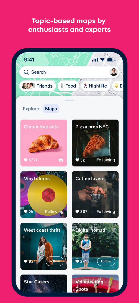 Atly – Know where to go - Atly app interface showing curated interest maps for gluten free eats pizza coffee and thrift stores