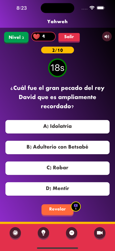 Juego Bíblico Yahweh - A multiple choice question about King David in the Juego Biblico Yahweh trivia app