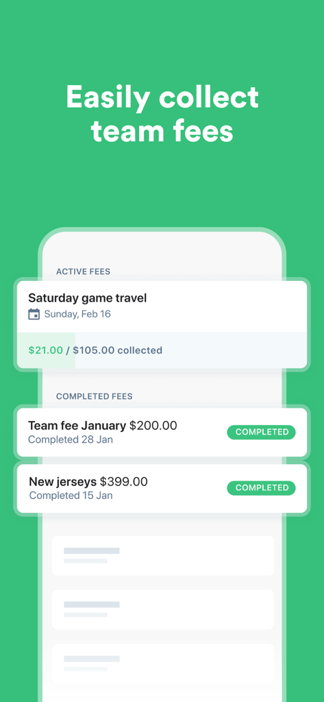 Heja - Heja app screenshot showing team fee tracking for travel, team fees, and new jerseys