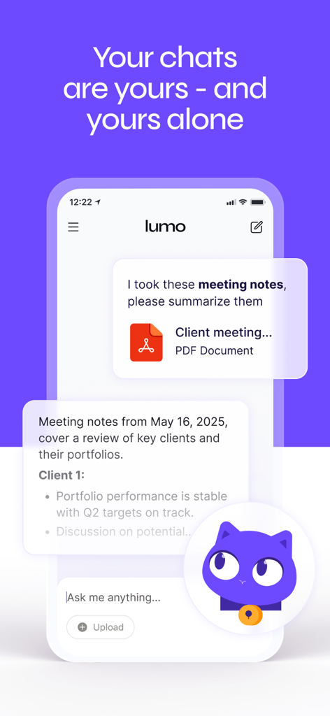 Lumo by Proton - Lumo by Proton 앱의 인터페이스로, 회의록을 요약하는 개인 AI 채팅을 보여줍니다.