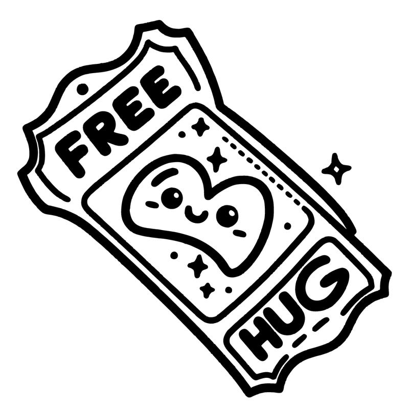 a ticket that says “free hug” with a cute heart stamp.