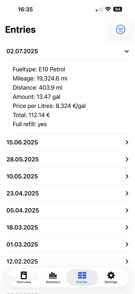 Fuel Tracker - Your Logbook - A list of refueling entries in the Fuel Tracker app showing specific details like mileage, distance, and total cost for a fuel log.