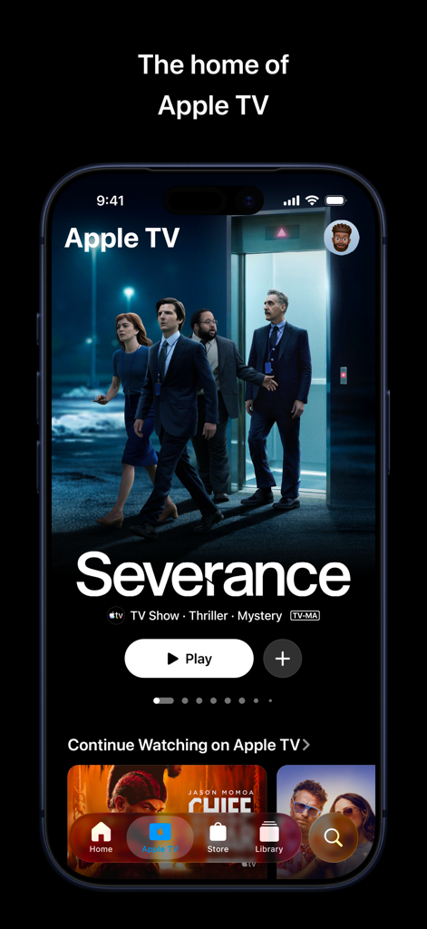 Interfaz de la aplicación Apple TV en un iPhone mostrando la serie Severance y la sección Continuar viendo.