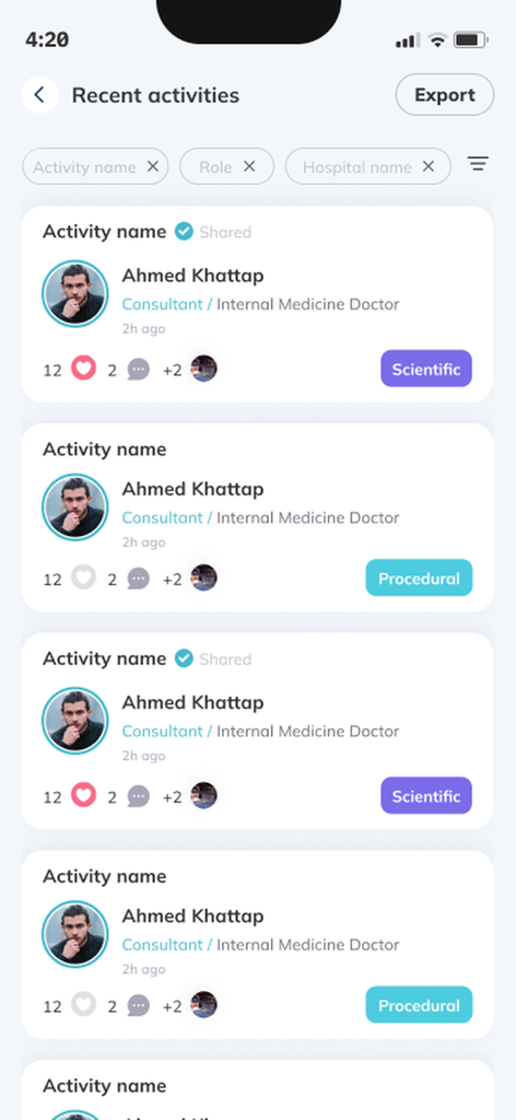 iLog - A list of recent medical activities in the iLog app showing scientific and procedural entries by a medical consultant.
