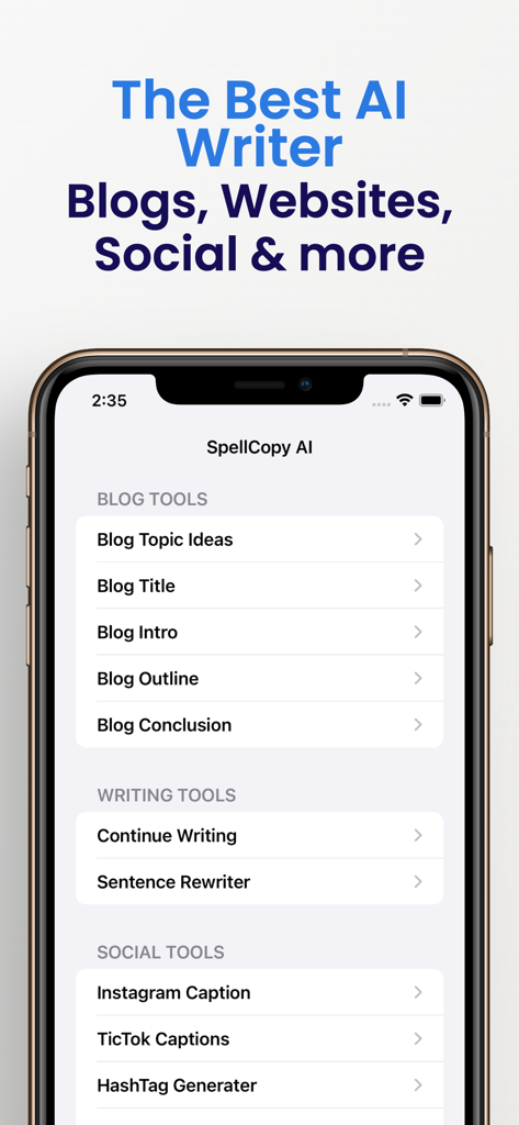 iPhone screen displaying the Undetectable AI app menu with tools for blog content writing and social media captions