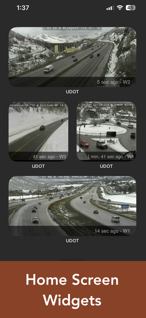 UDOT Road Conditions app home screen widgets showing live traffic camera feeds