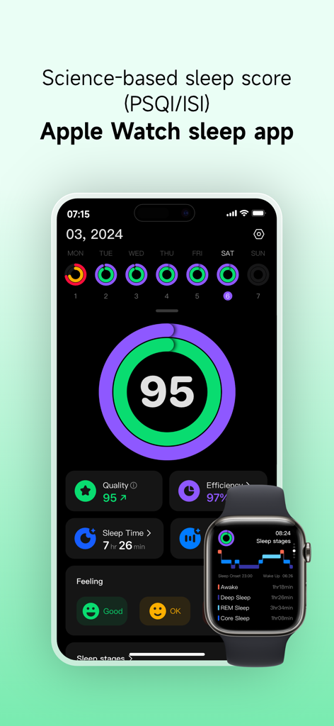 Sleepal app interface on iPhone and Apple Watch showing a sleep score of 95 and sleep stages graph