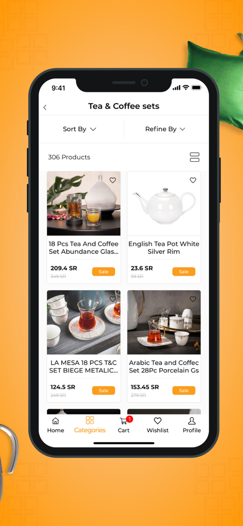 Product listing page for tea and coffee sets on the Nice Stores mobile app