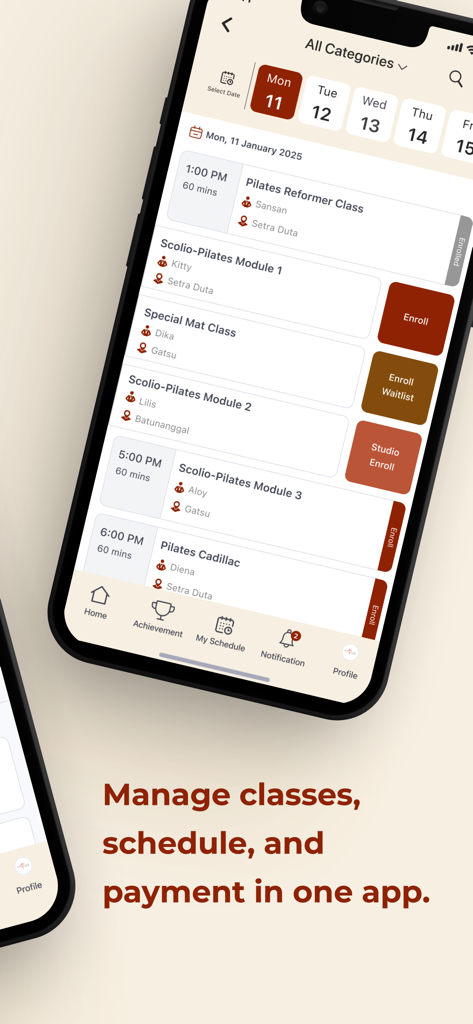 Firmpoint Pilates - Firmpoint Pilates mobile app showing a daily class schedule with enrollment buttons for reformer and mat classes