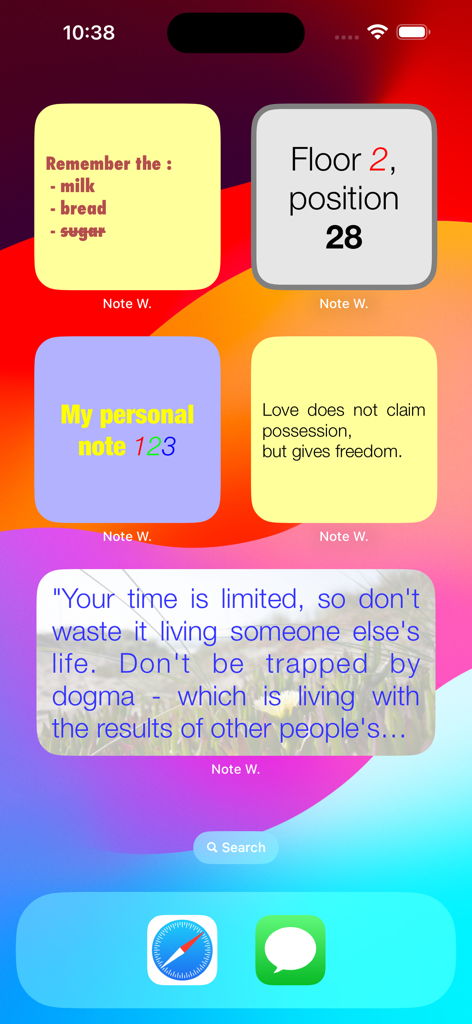 Tela inicial personalizada do iPhone com vários widgets de notas coloridos com listas e citações
