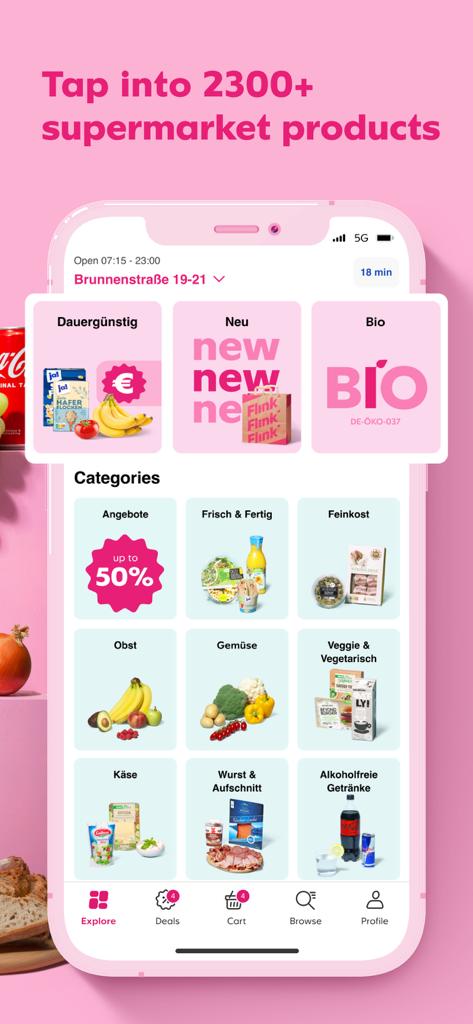 Flink app interface showing various grocery categories like fruit and vegetables on a pink background