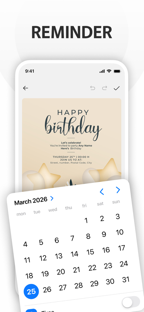 Sticky Notes:Widget Color Icon - Interfaz de la aplicación Sticky Notes que muestra un recordatorio de cumpleaños y selector de calendario