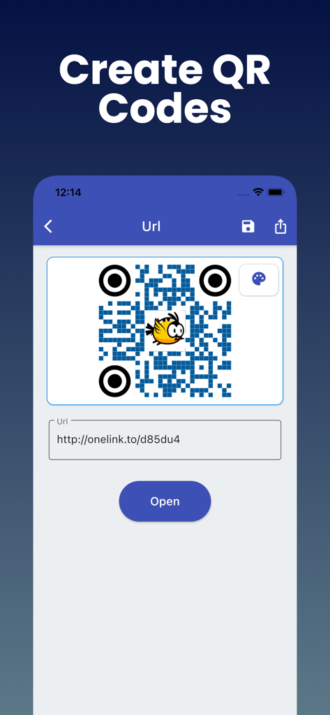 Mobile app interface showing how to create a custom QR code from a URL link