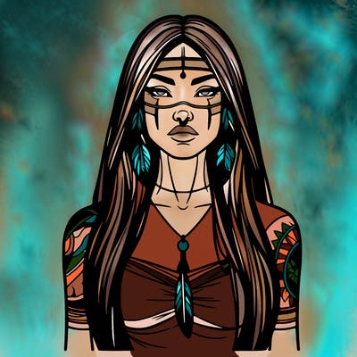 realistic native american woman gorgeous tall long hair and tattoos