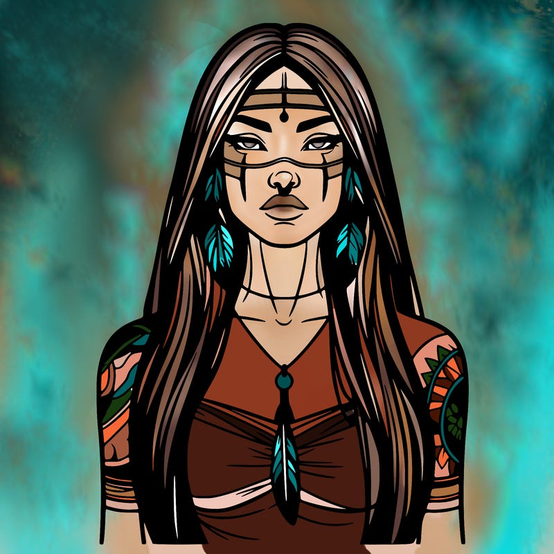 realistic native american woman gorgeous tall long hair and tattoos