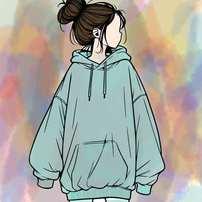 realistic girl with a oversized sweatshirt on and a bun