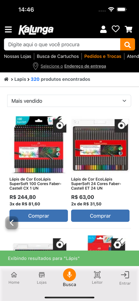 Kalungaモバイルアプリのインターフェース。Faber Castellの色鉛筆の検索結果が表示され、価格と購入ボタンがあります。