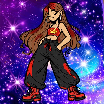 girl in baggy pants crop top and long hair