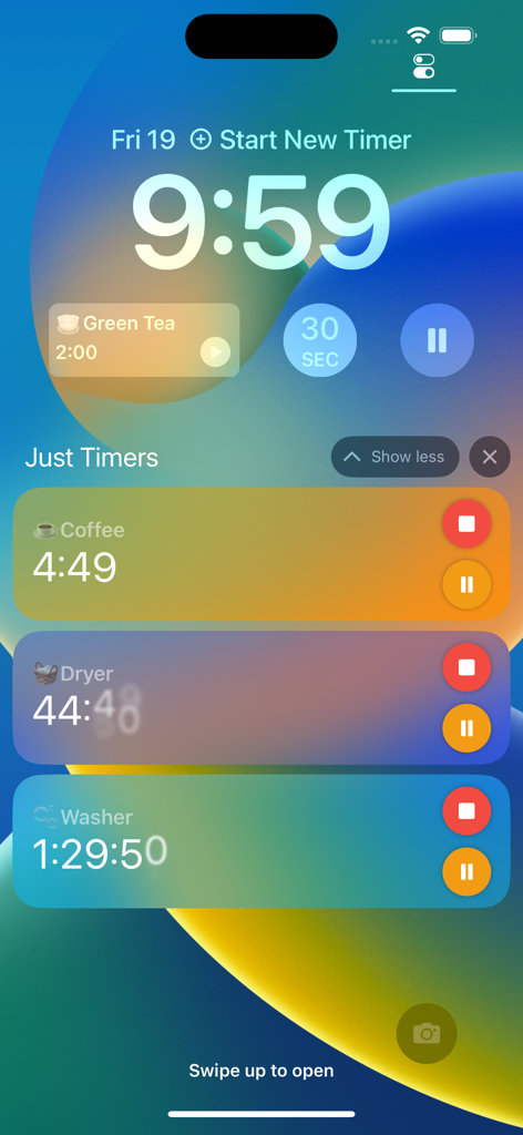 Just Timers - Attività Live di Just Timers che mostrano più timer attivi per caffè e bucato su una schermata di blocco dell'iPhone