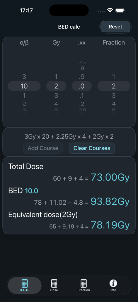 BED Calculator : Radiotherapy - Mobile app interface for radiotherapy BED calculations and cumulative dose summation across treatment courses