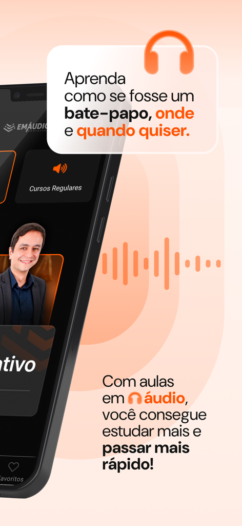 EmAudio Concursos - Smartphone screen displaying the EmAudio Concursos app for audio based study and exam preparation