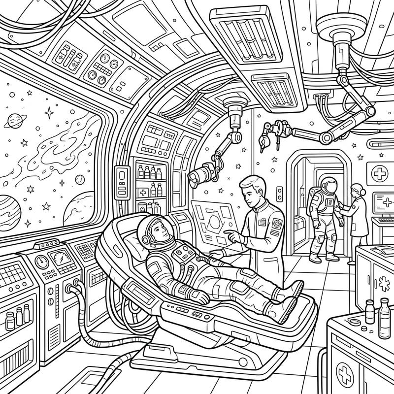 Step into the future of healthcare with this captivating coloring page featuring a high-tech space medical facility. Discover astronauts, advanced equipment, and cosmic vistas, all ready for your creative touch.